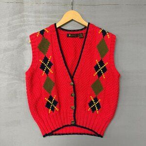 Vintage Liz Sport‎ Hand Knit Argyle Button Up Cardigan Sweater Medium